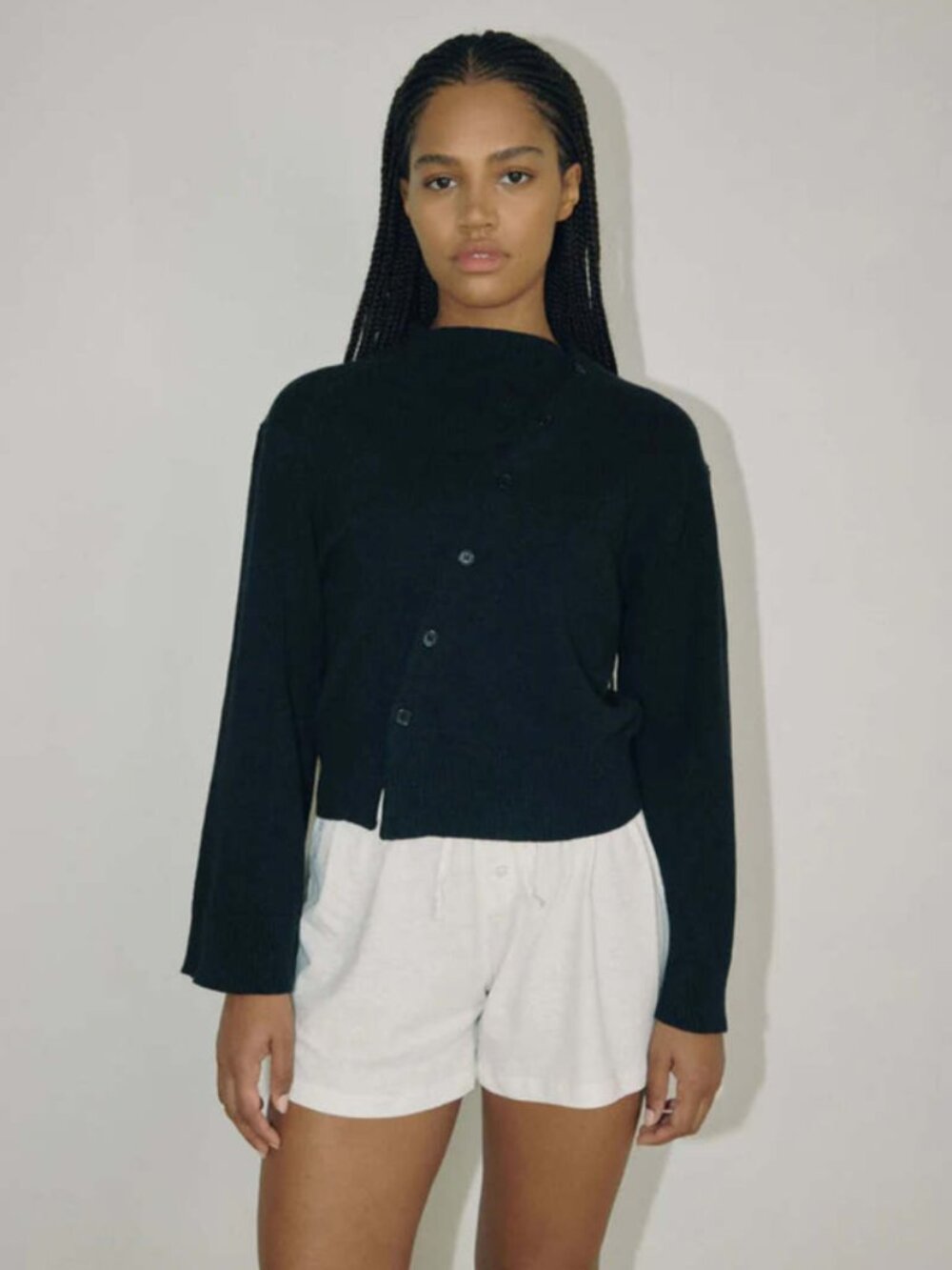 Boheme The Asymmetric Knit Black Linen Cotton Button Cardigan Sweater S/M